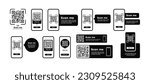 QR code on phone set. Screen of smartphone with barcode pack. Modern technologies and digital world. Identification of goods for store or market. Flat vector collection isolated on white background
