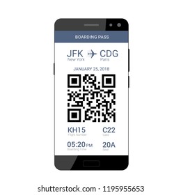 QR code on the screen of a smartphone for saving a boarding pass to travel on the plane. Flat design. Vector illustration