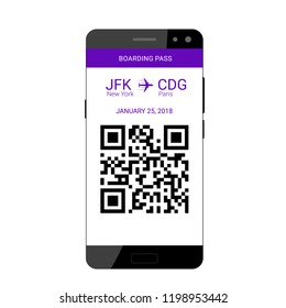 QR code on the screen of a smartphone for saving a boarding pass to travel on the plane. Flat design. Vector illustration