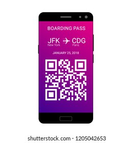 QR code on the screen of a smartphone for saving a boarding pass to travel on the plane. Vector illustration