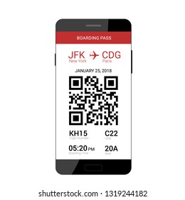 QR code on the screen of a smartphone for saving a boarding pass to travel on the plane. Flat design. Vector illustration