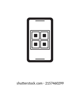 QR code on smartphone icon in black flat glyph, filled style isolated on white background