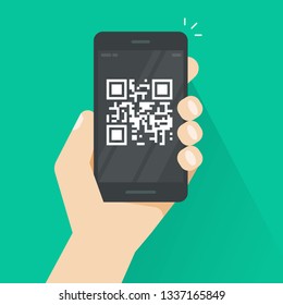 QR code on smartphone screen vector illustration, flat cartoon mobile phone with bar code tech, concept of cellphone technology isolated