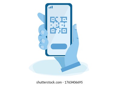 QR code on smartphone screen. Vector illustration for web banner, infographics, mobile. Hand holding smartphone.