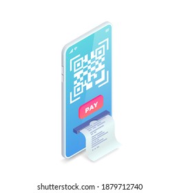 QR code on smartphone screen. 3d Scan barcode concept, QR pay isometric vector illustration. Online payment with electronic pay receipt. Digital mobile, payment with smartphone.