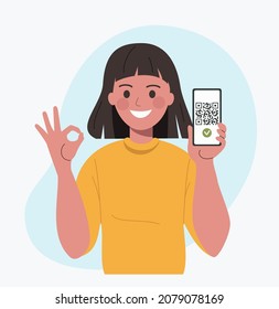 Qr code on the smartphone screen. Young woman holds smartphone and shows Ok sign. Vector flat style cartoon  illustration.