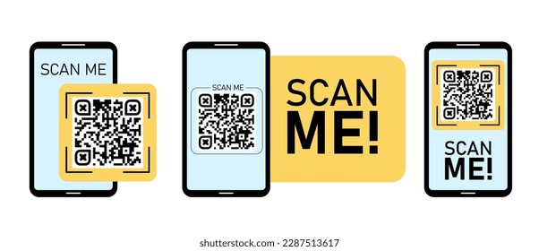 QR code on smartphone screen with scan me text. Qr code for payment, e-wallet, web, mobile app. UI UX design element. Barcode scan for smartphone. Mobile payment and identity. Vector illustration