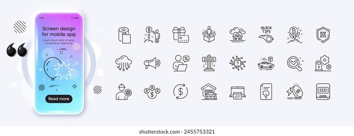 Qr code, Online discounts and Augmented reality line icons for web app. Phone mockup gradient screen. Pack of Engineer, Tutorials, Gift card pictogram icons. Vector