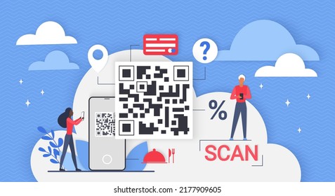 QR code, online money. Tiny people with mobile phones in hands scan barcodes for cashless payment and transaction, customers buy with scanner application in smartphones 3d flat vector illustration