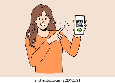 Qr code and Online payment concept. Young woman standing pointing at smartphone screen with qr code and payment confirmation on it vector illustration 