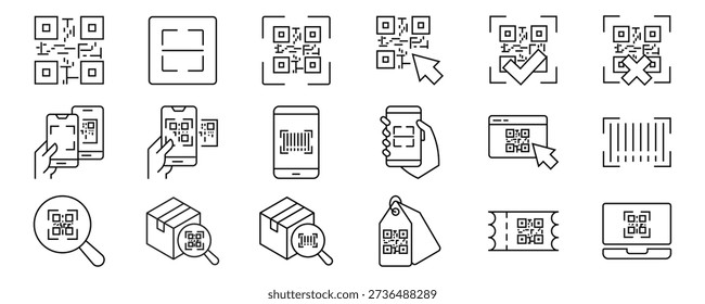 Conjunto de iconos de contorno de código Qr. Trazo editable. Ilustración vectorial	