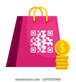 código Qr sobre el diseño de las bolsas y monedas escaneo de la tecnología información de precios comerciales comunicación código de barras digital y tema de datos Ilustración vectorial