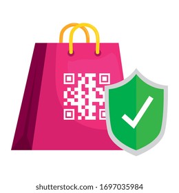 qr code over bag and shield design of technology scan information business price communication barcode digital and data theme Vector illustration