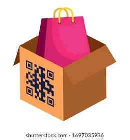 qr code over box and bag design of technology scan information business price communication barcode digital and data theme Vector illustration