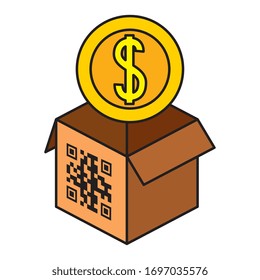 qr code over box and coin design of technology scan information business price communication barcode digital and data theme Vector illustration