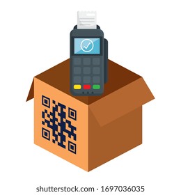 qr code over box and dataphone design of technology scan information business price communication barcode digital and data theme Vector illustration
