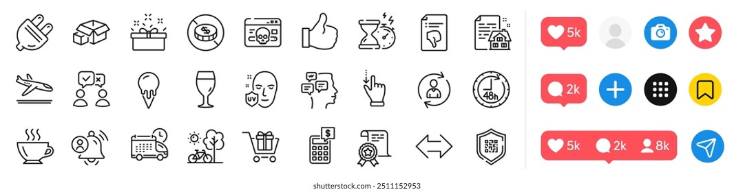 Qr code, Packing boxes and Electric plug line icons pack. Social media icons. People voting, User notification, Coffee web icon. Like, Bicycle, Touchscreen gesture pictogram. Vector