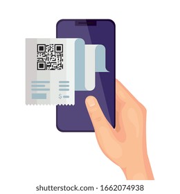 QT-Code-Papier und Hand, die Smartphone-Design IT-Scan-Business-Business-Kommunikation Barcode Digital-und Daten-Thema Vektorillustration Illustration