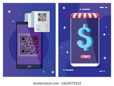qr code paper and smartphones design of technology scan information business price communication barcode digital and data theme Vector illustration