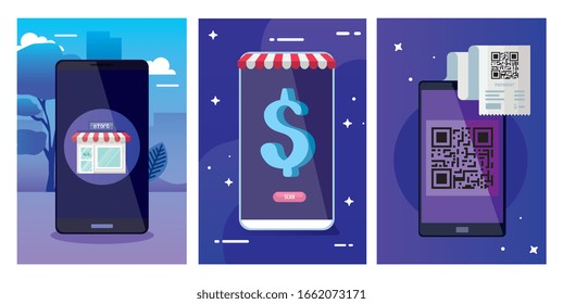 qr code paper smartphones dollar and store design of technology scan information business price communication barcode digital and data theme Vector illustration