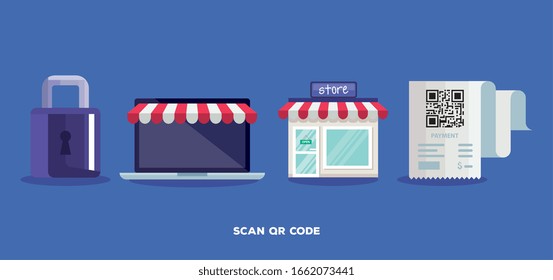 qr code paper store laptop and padlock design of technology scan information business price communication barcode digital and data theme Vector illustration