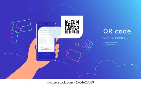 QR code and payment by credit card, shopping and billing. Vector gradient illustration of human hand holding smartphone with electronic generated qr-code flying out of screen for connected card