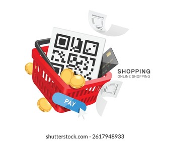 QR code for payment and credit card, placed in a red shopping basket with a pay button below, vector 3d isolated on white background for online shopping, financial, e commerce concept design 
