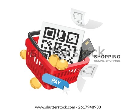 QR code for payment and credit card, placed in a red shopping basket with a pay button below, vector 3d isolated on white background for online shopping, financial, e commerce concept design 