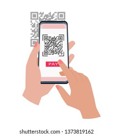 Qr code payment. Hand holding smartphone to use the app to pay with qr code. Vector illustration.