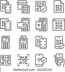 QR Code Payment icons set vector illustration. Contains such icon as NFC payment, Safety, Scanning, POS, Scan QR code and more. Expanded Stroke