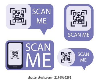 QR code payment labels for smartphone app with inscription scan me, vector illustration isolated on white background. Set infographic of Qr code frame and tags.