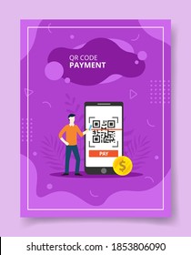 Qr Code Payment Man Stand Near Big Smartphone With Qr Code On Display For Template Of Banners, Flyer, Books Cover, Magazines With Liquid Shape Style