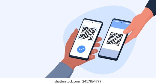 Pago de código QR en smartphone: cliente escaneando un código QR en la pantalla del smartphone del minorista, banner con espacio de copia