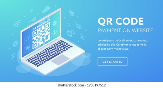 QR Code Payment On Website Banner. 3d Scan Barcode On Laptop Screen Concept, Online QR Pay Isometric Vector. Digital Internet Payment Illustration.