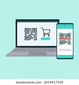 Pago de código QR y compras en línea en portátiles y móviles