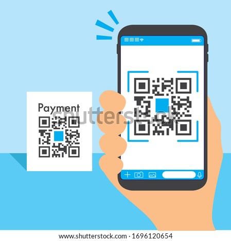 Qr code payment , online shopping , cashless technology concept. Coffee shop accepted digital pay without money , plastic tag on table and hand using mobile phone application to scan qr code.