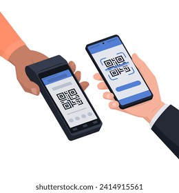 QR code payment: retailer holding a POS machine and customer scanning the QR code