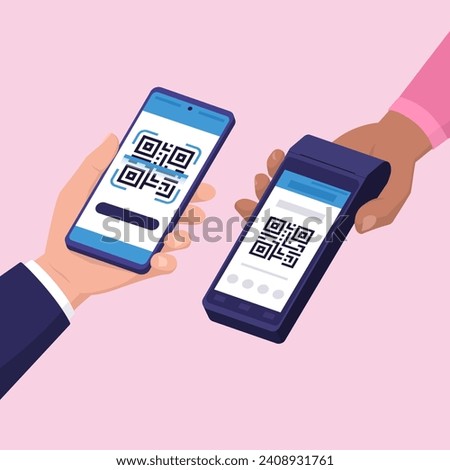 QR code payment: retailer holding a POS machine and customer scanning the QR code