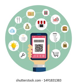 QR code payment, smartphone payment /  round banner vector illustration