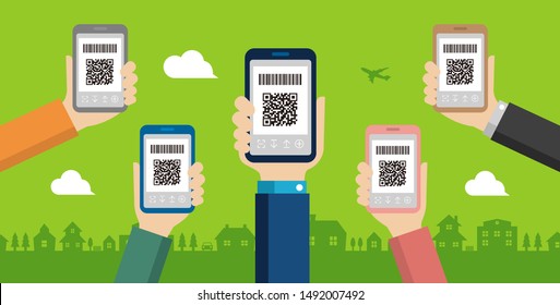 QR code payment, smartphone payment vector banner illustration