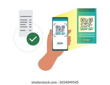 QR code payment using smartphone. Mobile phone scanning vector illustration on isolated background. Barcode reader in hand sign business concept. stock illustration