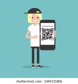 Qr code payment.Scan here to pay.Young character with smartphone.Flat cartoon design.Clip art