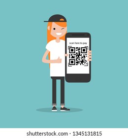 Qr code payment.Scan here to pay.Young character with smartphone.Flat cartoon design.Clip art