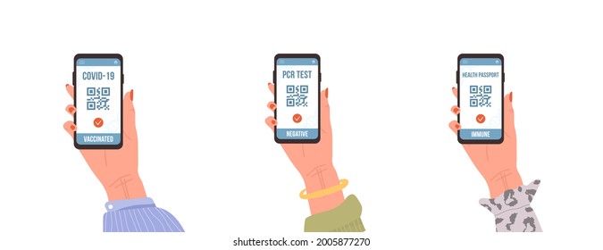 QR code with PCR test, vaccine and health passport. Check of safety from covid-19. Female hand holding smartphone with electronic results on digital screen. Vector illustration in flat cartoon style.