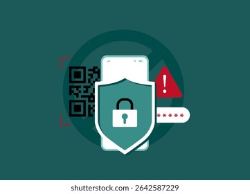 QR Code Phishing Attack Prevention on Mobile Devices. Mobile security alert with qr code, lock shield, password warning symbol. Preventing phishing attacks through fake qr codes vector illustration