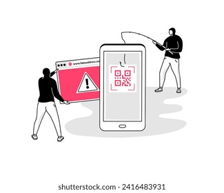 QR code phishing attack symbol with a smartphone scanning a fake qr code and two hackers. Flat design, easy to use for your website or presentation.