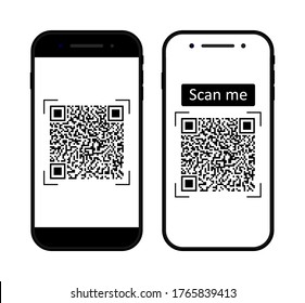 QR-Code am Telefon für Scan, Zahlung. Mobile Scanner mit Lesegerät für Qrcodes. Strichcode im Smartphone-Bildschirm. Intelligente App mit ID und Bezahlung. Bankdaten für Transaktionen. Rahmen für den Einkauf im Handy. Vektorgrafik.