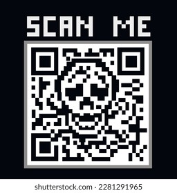 qr code with pixel skull, grunge vintage design t shirts