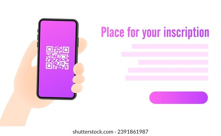 QR code and place for your description. Flat, purple, phone in hand, mockup for text, qr-code on the phone screen. Vector illustration