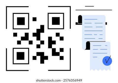 QR code and a printed receipt side by side. Ideal for digital transactions, online payments, e-commerce, mobile receipts, and invoicing. Simple, modern, and functional vector style